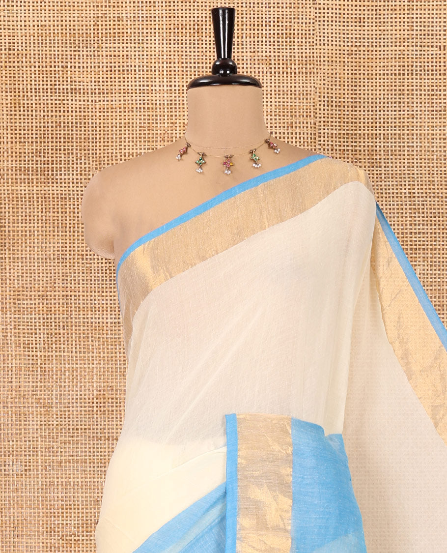 Off-White-Blue Plain Half-And-Half-Style Khadi Mul Cotton Saree with a Zari Border, and No Blouse