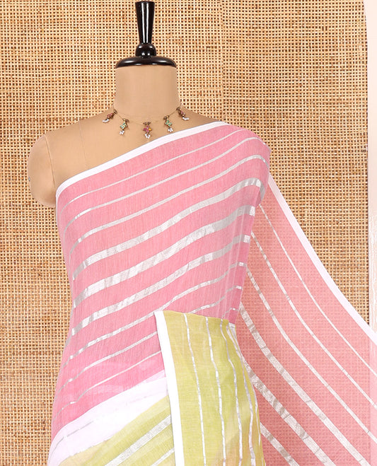 Borderless White and Pink Khadi Mul Cotton Saree, Steeped with Horizontal Zari Stripes, a Subtle Pallu, and a Matching Blouse