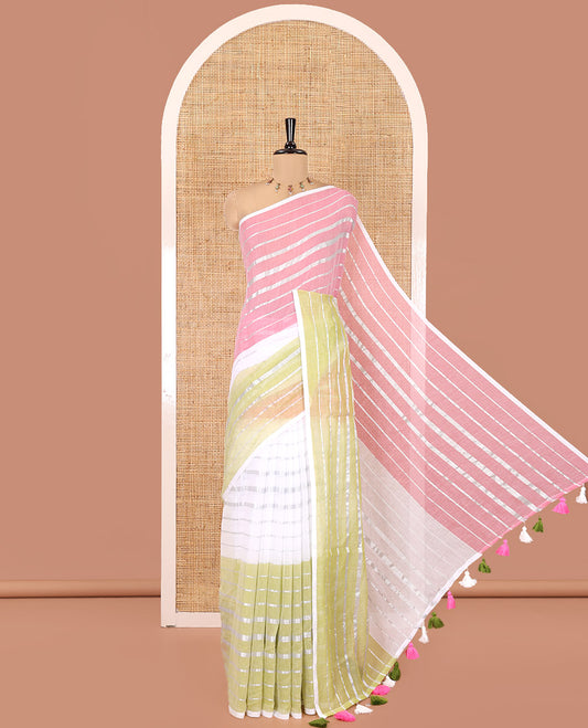Borderless White and Pink Khadi Mul Cotton Saree, Steeped with Horizontal Zari Stripes, a Subtle Pallu, and a Matching Blouse
