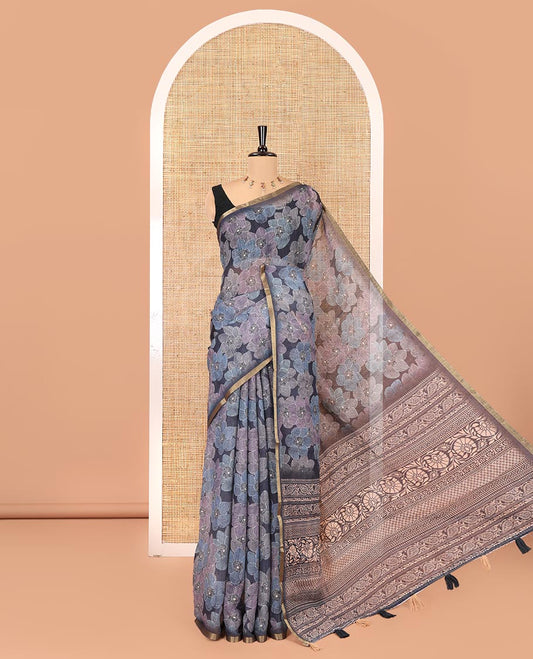 Blue Linen Cotton Saree, Steeped in the Prettiness of Flower Motifs Printed on Its Body, a Subtle Piping Border, Pallu Is Meticulously Crafted with Floral Creeper Print, and Paired with a Contrast Blouse