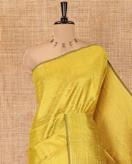 Borderless Yellow and Black Semi-Raw Silk Saree, Subtly Sparkled with Muthu Stripes on Its Body, Complemented by a Contrast Zari Striped Pallu, and Paired with a Contrast Blouse