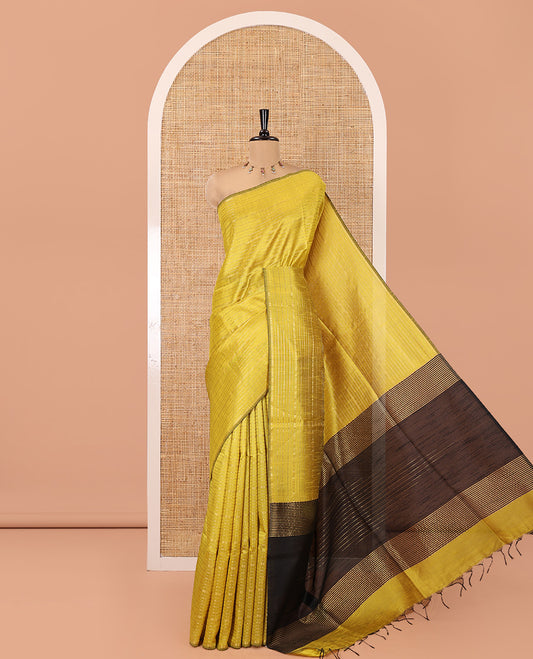 Borderless Yellow and Black Semi-Raw Silk Saree, Subtly Sparkled with Muthu Stripes on Its Body, Complemented by a Contrast Zari Striped Pallu, and Paired with a Contrast Blouse