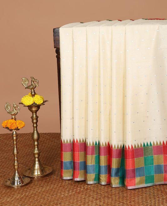 Cream thousand butta zari design kathan silk saree with checks border & checks design pallu & checks blouse