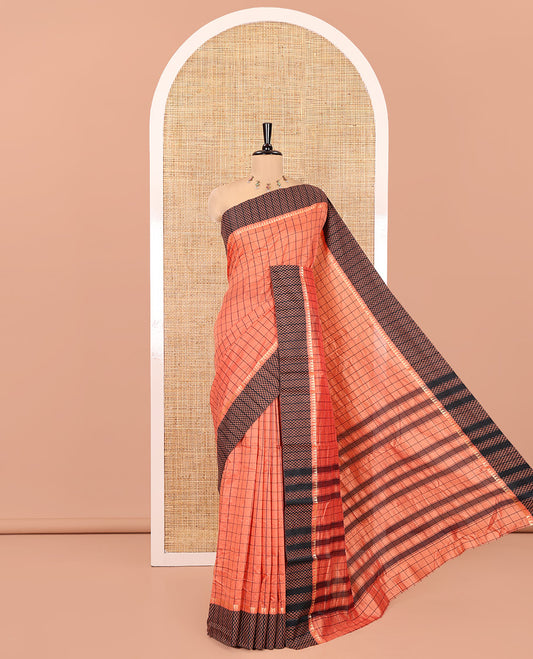 Pink Checked Mercerised Cotton Saree, Contrast Temple Ara Maadam Border, Striped Pallu, and Matching Blouse