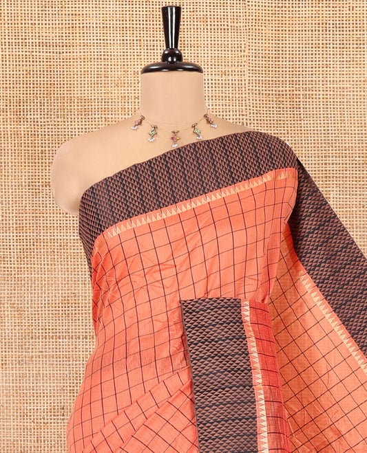 Pink Checked Mercerised Cotton Saree, Contrast Temple Ara Maadam Border, Striped Pallu, and Matching Blouse