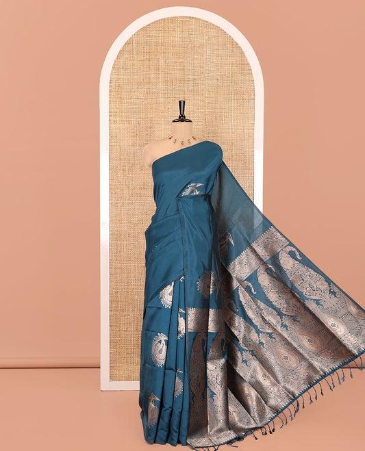 Borderless Royal Blue Kanchi Silk Saree, Gracefully Embellished with Zari Buttas, Intricate Pallu, and a Matching Blouse