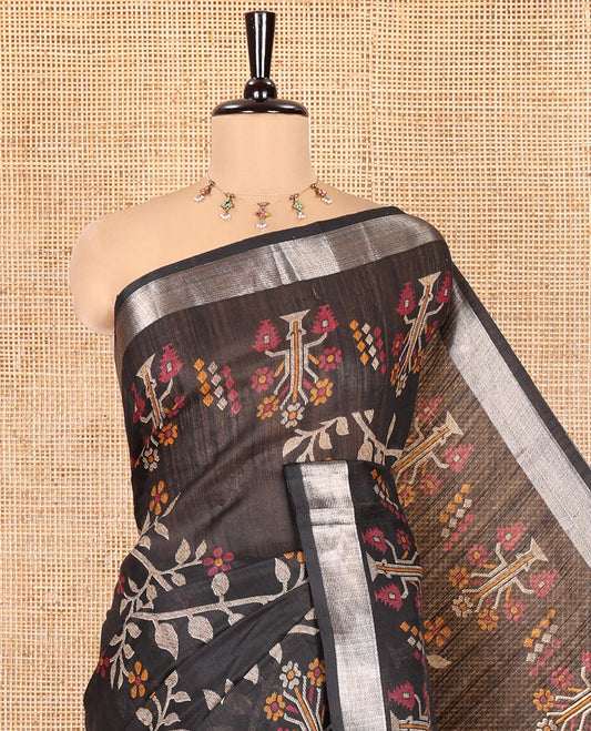 Black Jute Linen Saree, Accentuated with Jamdani Buttas, a Zari Border, Paisley Pallu and a Printed Blouse