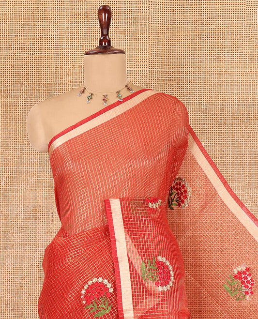 Red Kota Doria Saree, Adorned with Zari Checks and Floral Embroidery, a Piping Border, Matching Blouse