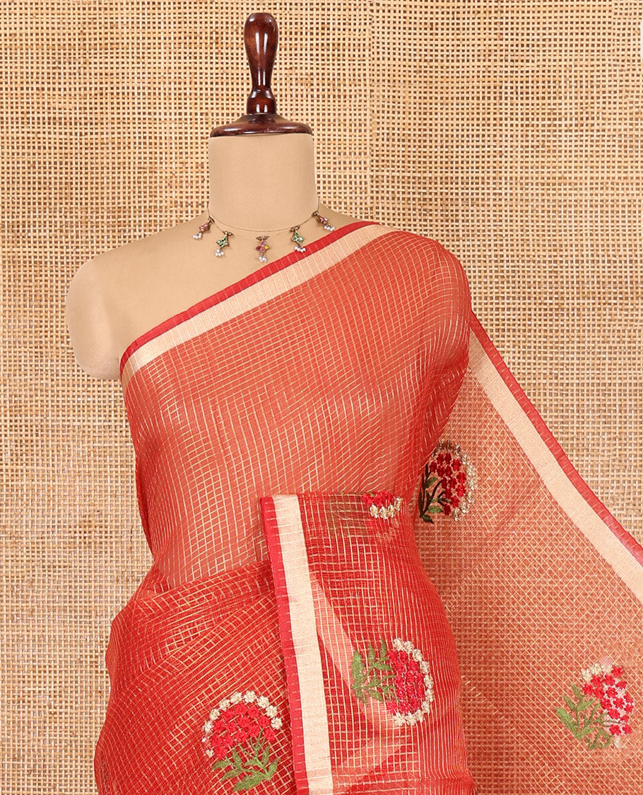 Red Kota Doria Saree, Adorned with Zari Checks and Floral Embroidery, a Piping Border, Matching Blouse