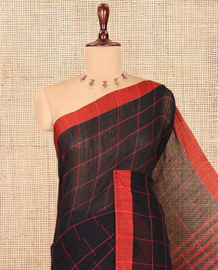 Black Checked Khadi Linen Saree, a Contrast Border, Striped Pallu, and Matching Blouse