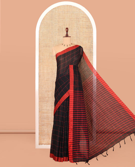 Black Checked Khadi Linen Saree, a Contrast Border, Striped Pallu, and Matching Blouse