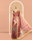 Reddish-Brown Kerala Culture-Themed Tissue Saree Features a Girl, Banana Leaf, and Kolam Motifs, Contrast Border, and Blouse