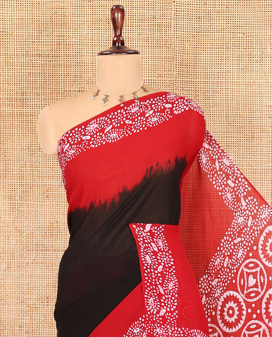 Black-Red Plain 60gm Georgette Saree, Contrast Batik Floral Printed Border, Batik Geometric Printed Pallu, and a Matching Blouse