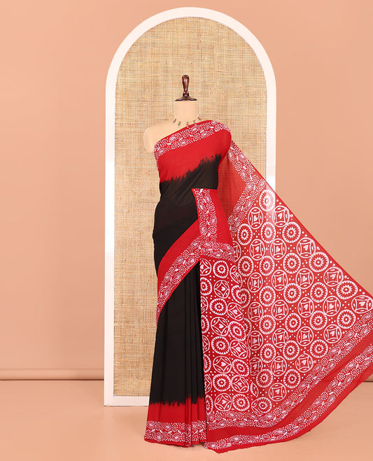 Black-Red Plain 60gm Georgette Saree, Contrast Batik Floral Printed Border, Batik Geometric Printed Pallu, and a Matching Blouse