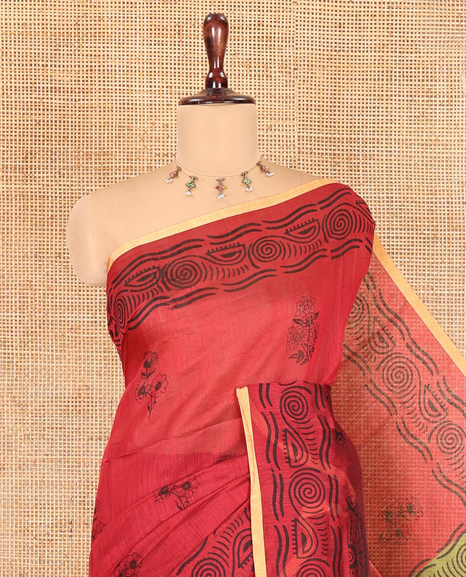 Maroon Khadi Cotton Saree, Decorated with Flower Motifs, Printed Border, Contrast-Printed Pallu, and a Contrast Blouse
