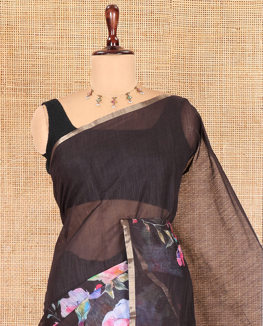 Borderless Black Floral Printed Linen Cotton Saree, Colorfully Floral-Printed Pallu, and a Matching Blouse