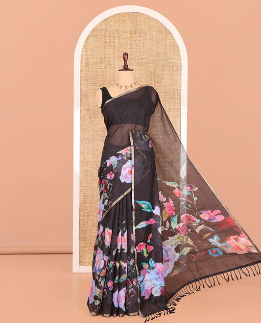 Borderless Black Floral Printed Linen Cotton Saree, Colorfully Floral-Printed Pallu, and a Matching Blouse