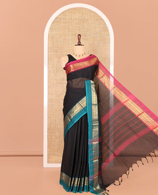 Black Plain Chettinad Cotton Saree, a Contrast Kal Eragina Traditional Ganga-Jamuna Border, Striped Pallu, and a Matching Blouse