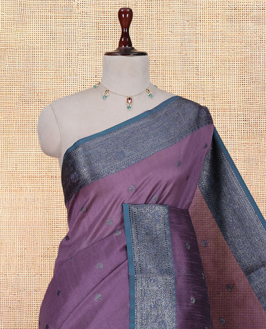 Dusky Pink Semi-Raw Silk Saree Features Thread Buttas, Contrast Intricate Border, Striped Pallu, and a Contrast Blouse