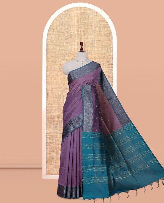 Dusky Pink Semi-Raw Silk Saree Features Thread Buttas, Contrast Intricate Border, Striped Pallu, and a Contrast Blouse