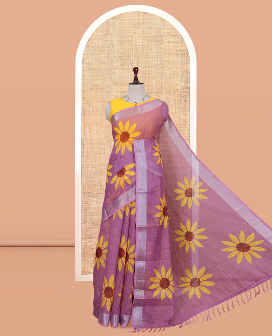Onion Pink Linen Cotton Saree, Beautified with Sunflower Print, a Zari Border, and a Matching Blouse