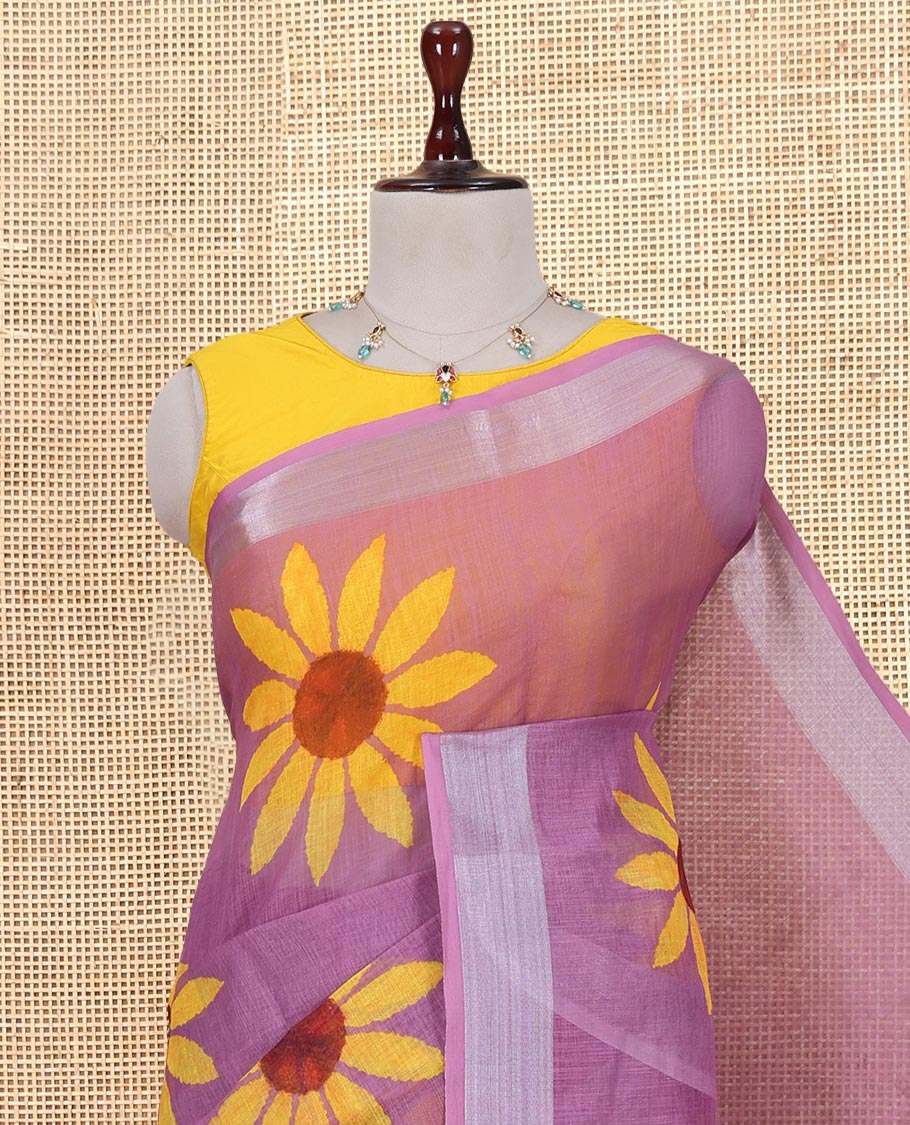 Onion Pink Linen Cotton Saree, Beautified with Sunflower Print, a Zari Border, and a Matching Blouse
