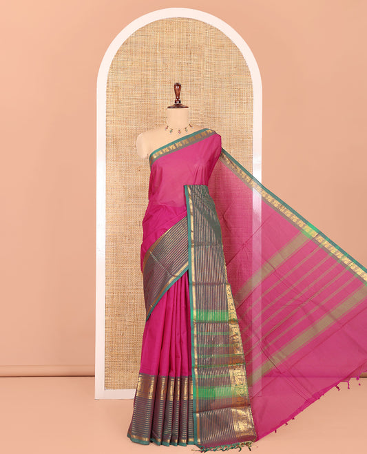 Dark Purple Plain Chettinad Cotton Saree, Complemented by a Contrast Traditional Zari Peacock Border,  Striped Pallu, and Matching Blouse