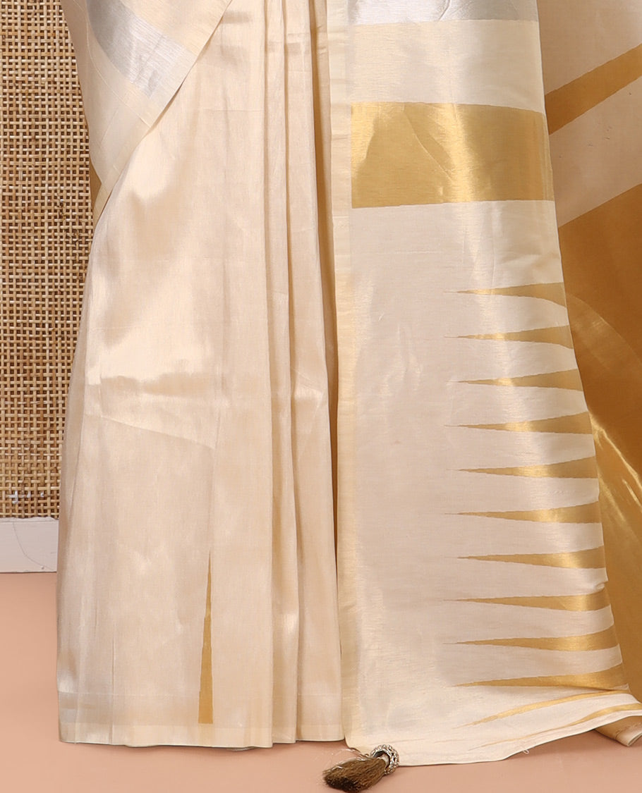 Borderless Gold Tissue Silk Saree, Elevated with Temple Zari Buttas, a Gleaming Zari Temple Pallu, and a Matching Blouse