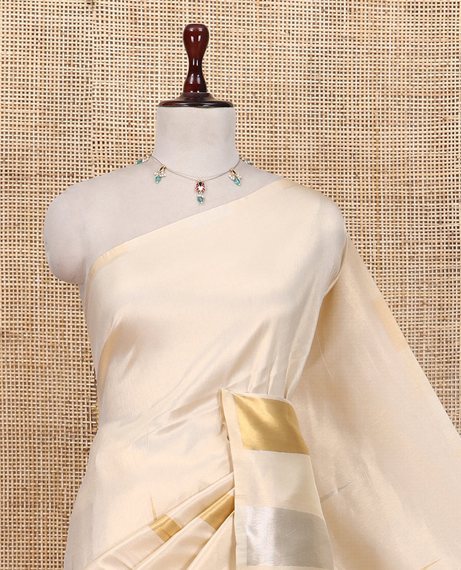 Borderless Gold Tissue Silk Saree, Elevated with Temple Zari Buttas, a Gleaming Zari Temple Pallu, and a Matching Blouse