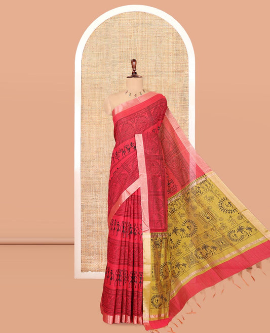 Red Semi-Silk Cotton Saree, Adorned with Warli Print, a Tissue Border, Contrast Warli Printed Pallu, and a Contrast Blouse
