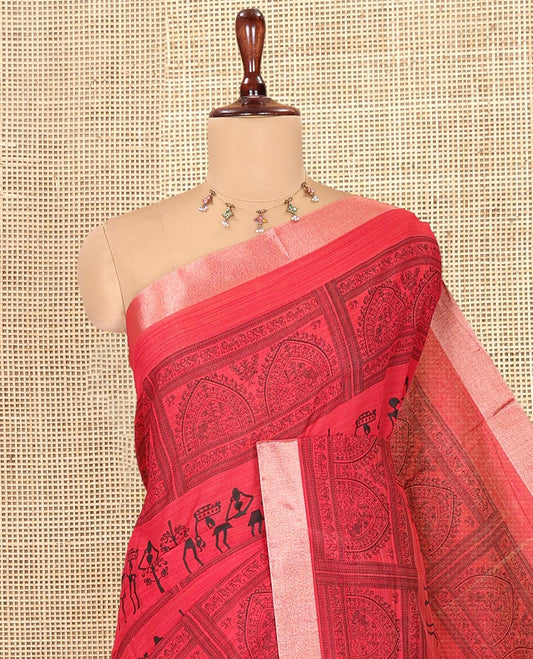 Red Semi-Silk Cotton Saree, Adorned with Warli Print, a Tissue Border, Contrast Warli Printed Pallu, and a Contrast Blouse