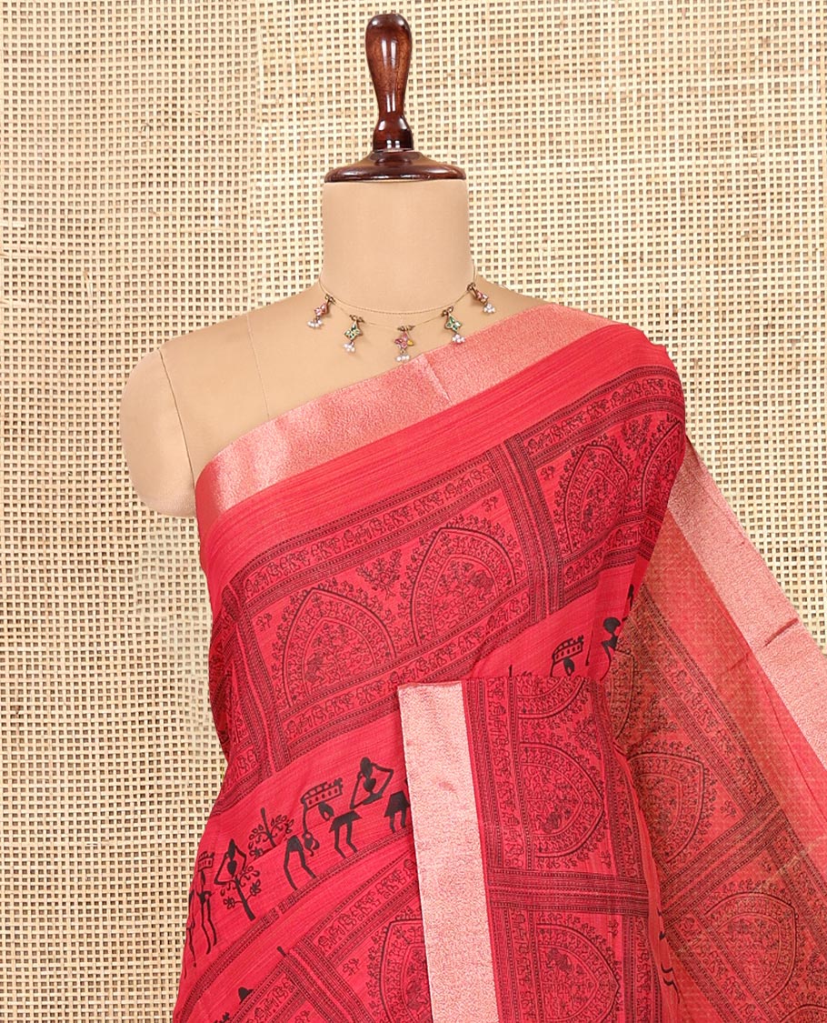 Red Semi-Silk Cotton Saree, Adorned with Warli Print, a Tissue Border, Contrast Warli Printed Pallu, and a Contrast Blouse