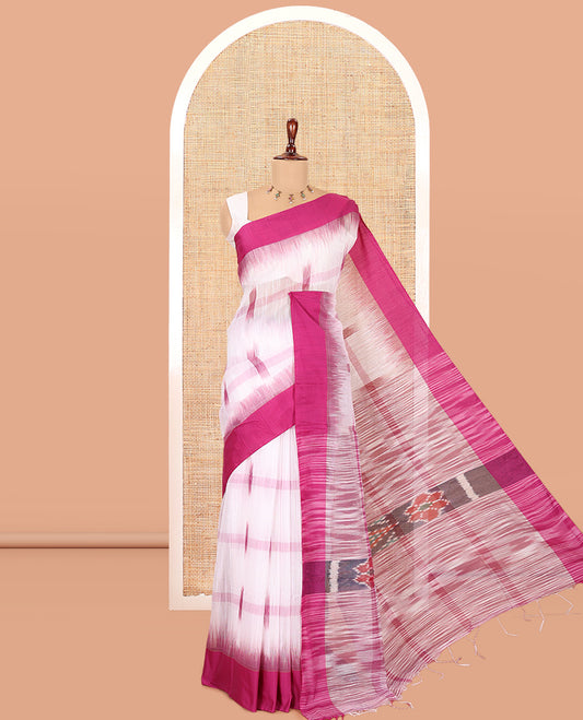 White-Purple Khadi Cotton Saree, Woven with Ikat Buttas, Contrast Blouse, Ikat Pallu, Matching Blouse