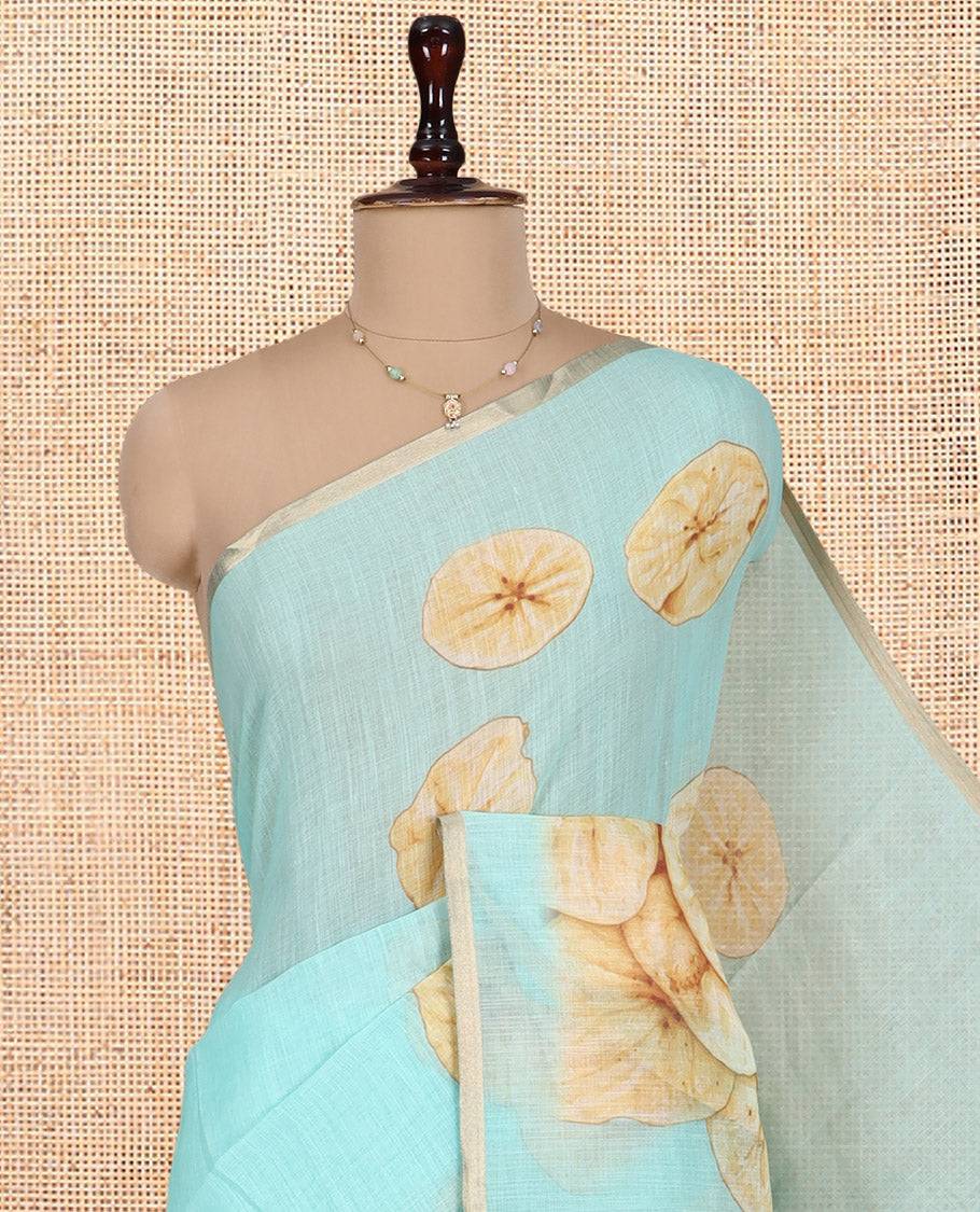 Borderless Sea Green Nentharanga Chips Printed Chanderi Cotton Saree, a Piping Border, Matching Blouse