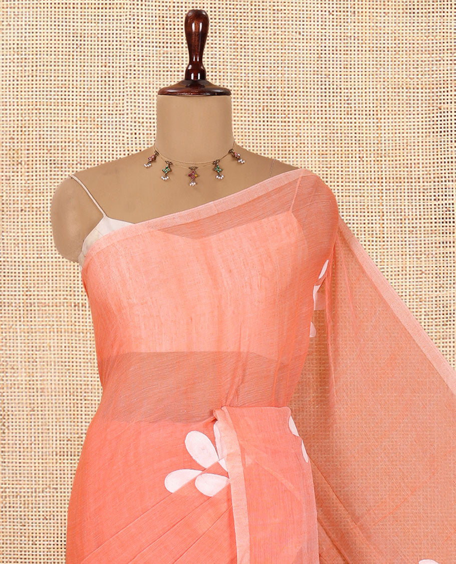 Borderless Orange Daisy Flower Printed Khadi Mul Cotton Saree Without Blouse