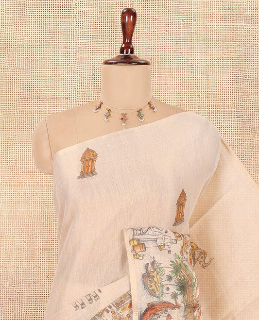 Gold Tissue Saree Features Kerala Culture Print, a Zari Border, Kerala Culture Pallu, and Matching Blouse