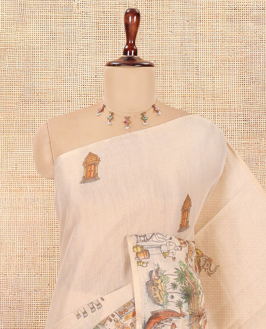 Gold Tissue Saree Features Kerala Culture Print, a Zari Border, Kerala Culture Pallu, and Matching Blouse