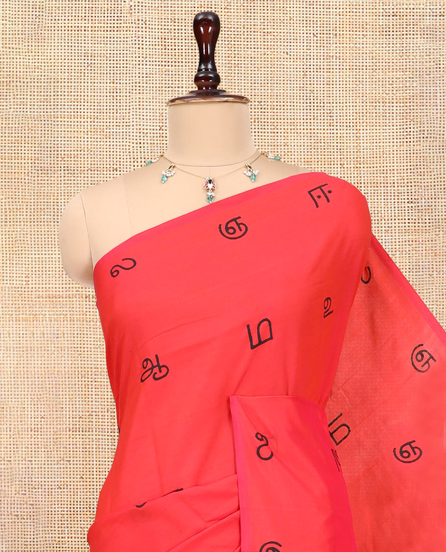 Borderless Red South Cotton Saree, Steeped with Tamil Letters Print, Has a Matching and Contrast Block Printed Blouse