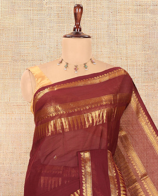 Coffee Brown Zari Buttas Chettinad Cotton Saree, a Traditional Zari Rettai Pettu Temple Border, Striped Pallu, a Matching Blouse