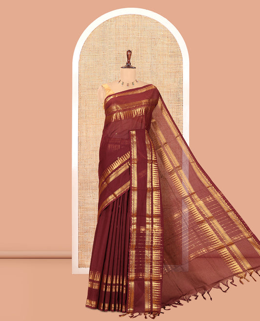 Coffee Brown Zari Buttas Chettinad Cotton Saree, a Traditional Zari Rettai Pettu Temple Border, Striped Pallu, a Matching Blouse