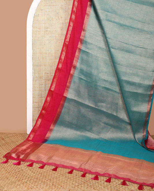 Green kicha tissue saree with contrast zari bentex border & zari pallu along with contrast blouse