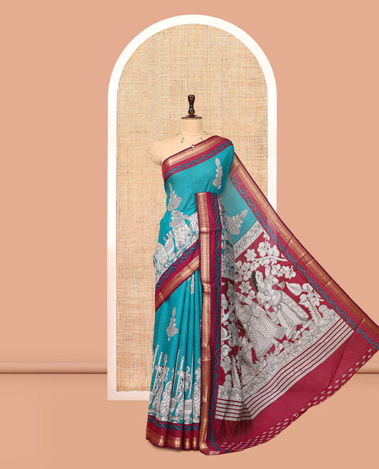 Rama Blue Chanderi Cotton Saree, Accentuated with Kalamkari Print, a Contrast Zari Border, Kalamkari Pallu, a Contrast Blouse