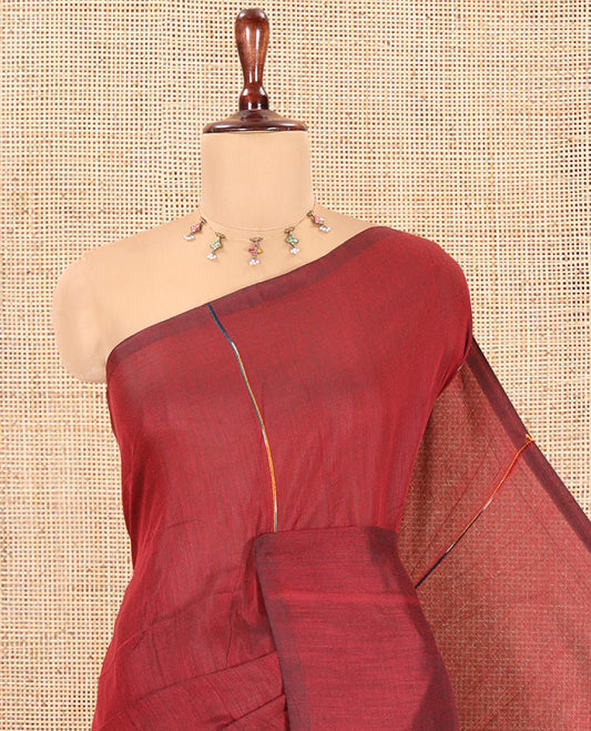 Borderless Maroon Khadi Mul Cotton, Subtly Woven with Multi-Color Stripes, a Self-Pallu and No Blouse