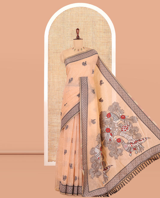 Peach Chanderi Cotton Saree, Woven with Peacock Thread Buttas, a Thread Diamond-Patterned Border, a Peacock Pallu, a Contrast Blouse
