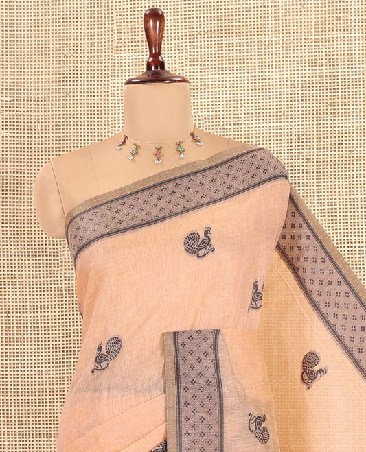 Peach Chanderi Cotton Saree, Woven with Peacock Thread Buttas, a Thread Diamond-Patterned Border, a Peacock Pallu, a Contrast Blouse