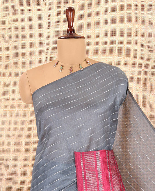 Grey Semi-Raw Silk Saree, Subtly Sparkled with Thread Stripes, a Contrast Traditional Zari Border, Checked Pallu, a Contrast Blouse