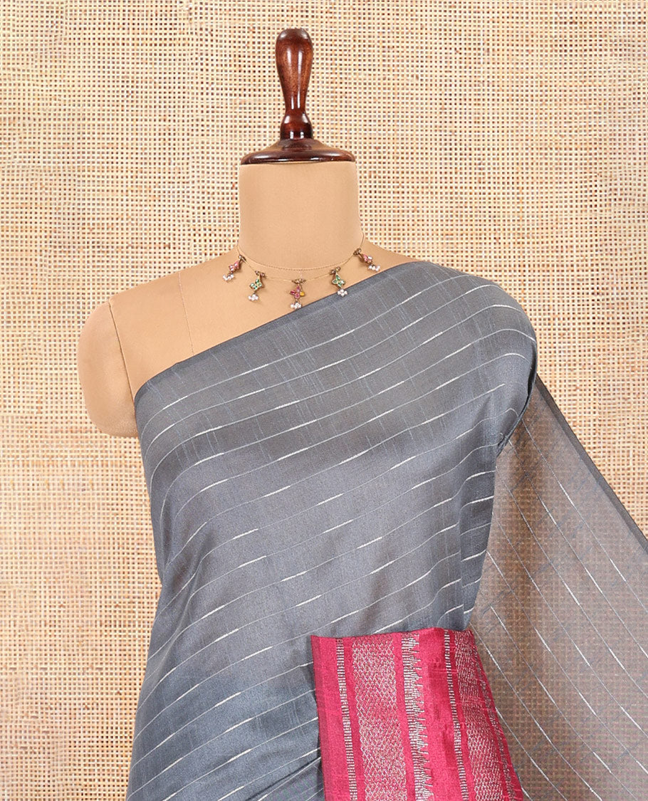 Grey Semi-Raw Silk Saree, Subtly Sparkled with Thread Stripes, a Contrast Traditional Zari Border, Checked Pallu, a Contrast Blouse