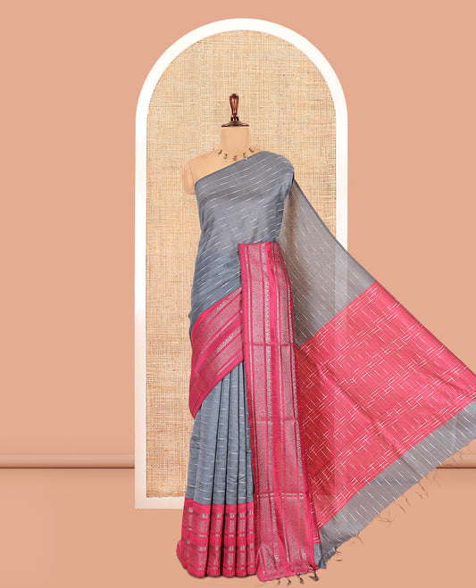 Grey Semi-Raw Silk Saree, Subtly Sparkled with Thread Stripes, a Contrast Traditional Zari Border, Checked Pallu, a Contrast Blouse
