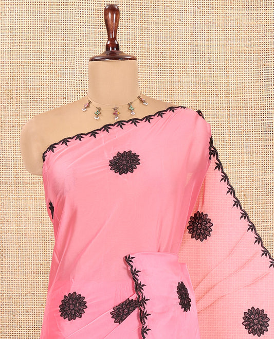 Pink Chiffon Saree, Gracefully Embellished with Floral Embroidery Buttas, a Lace Embroidered Border, a Contrast Blouse