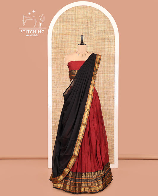 Red-Black Chettinad Cotton Saree Features a Plain Skirt, a Contrast Traditional Zari Border, Matching Blouse, and Contrast Syska Georgette Dhavani